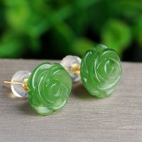 New Imitation Hetian Jade Rose Flower Earrings Grandmother Green Jade Earrings Female C8VV