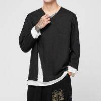 Chinese Style Mens Tops HanTang Linen Bottoming T-Shirt Hanfu Long Sleeve Ancient Costume Traditional Clothing Fake Two Pieces