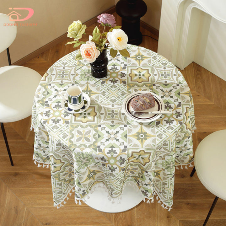 ผ้าปูโต๊ะแบบนำกลับมาใช้ใหม่ได้ผ้าปูโต๊ะมีพู่รูปแบบเรขาคณิตกันน้ำกันฝุ่นผ้าคลุมโต๊ะสำหรับโต๊ะกลม