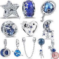 Blue Space Series 925 Silver Astronaut Planet Charm Bead Pendant Fit Original Pandora Bracelet For Women Jewelry Gift DIY Making