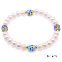 Unique Pearls jewellery Store 7-7.5mm White Color Natural Freshwater Pearl celet Rhinestone Cloisonne Elastic celet