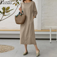 [การกวาดล้างแบรนด์ราคาถูก] HijabFab ZANZEA ผู้หญิงวินเทจธรรมดา3/4 Sleeve Sundress อเนกประสงค์หลวมคอชุด #8