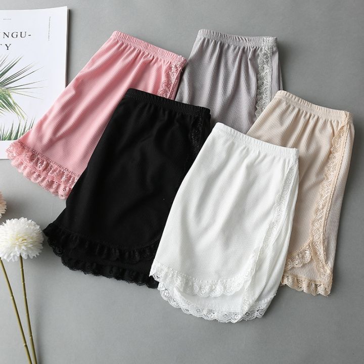 women-spring-summer-same-color-side-lace-safety-shorts-pants-sweet-loose-elastic-home-sleep-shorts-nightwear-bottom-thin-pajamas