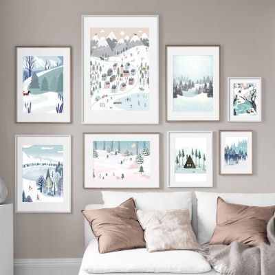 Vintage Snow Mountain Forest Lake ภาพประกอบ Wall Art ภาพวาดผ้าใบ Nordic โปสเตอร์และพิมพ์ภาพสำหรับตกแต่งบ้าน New