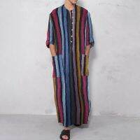 ผู้ชาย Mu ที่มีสีสันลาย Kaftan เสื้อคลุมอาหรับแขนยาวปุ่ม Maxi หลวม Tunic ท็อปส์กับกระเป๋าวินเทจดูไบกลาง