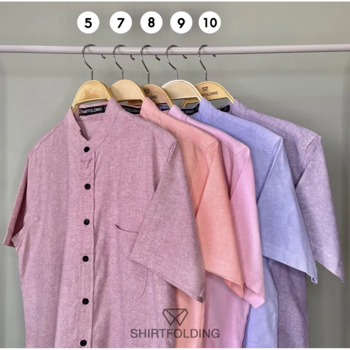 shirtfolding-เสื้อเชิ้ต-แขนสั้นคอปก-สีแดงยีนส์-สีโอรส-สีชมพู-สีม่วง-สีม่วงยีนส์-กระดุมดำ