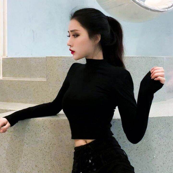 Women Tightfitting Crop Top Longsleeved Halfhigh Collar Blouse Lazada