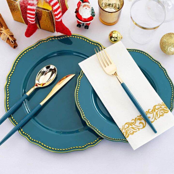 cw-70-disposable-tableware-plastic-plate-with-gold-rim-and-silverware-cup-napkin-set-wedding-supplies