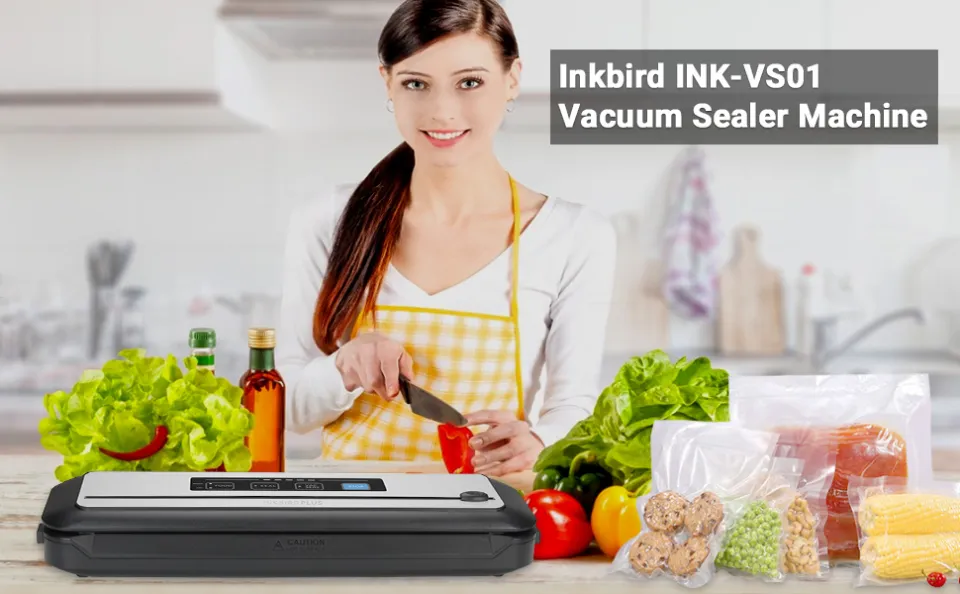 Inkbird Vacuum Sealer Machine with Starter Kit, Automatic PowerVac Air Sealing  Machine for Food Preservation, Dry & Moist Sealing Modes,Built-in  Cutter,Easy Cleaning Storage with Sealer Bag*5 (8*11.8)and Bag Roll*1  (8*7