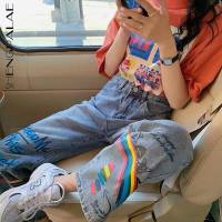 SHENGPALAE Streetwear Graffiti Rainbow Jeans Womens Summer  New High Waist Thin Loose Straight Denim Pants Female Tide