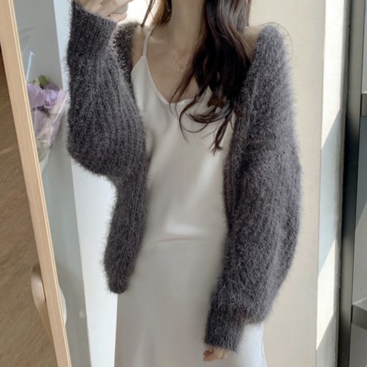 cod-korean-ins-autumn-and-winter-all-match-retro-loose-sleeves-soft-waxy-furry-knitted-cardigan-sweater-short-coat-female