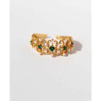 Copper Plated Gold Vintage Palace Style Carved Lace Emerald Inlaid Pearl Ring For Women