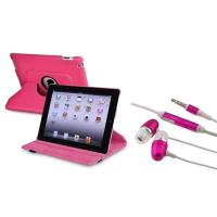 Pink 360-degree Swivel Leather Case + Hot Pink In-ear (w/on-off) Stereo Headsets Compatible with AppleiPad2 / iPad 3rd generation / The new iPad