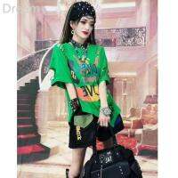 Fashion retro casual green hole T-shirt summer New irregular design niche loose top V729