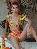 2022 New y High Waist Ruffled Bikini Set Flounce Swimwear Women Swimsuit Floral Strappy Beachwear V-neck Bathing Suit biquini