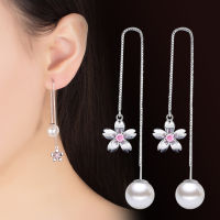 925 Sterling Silver Fashion Pearl Flower Ladies Long Tassel Stud Earrings Women Jewelry Birthday Gift Cheap