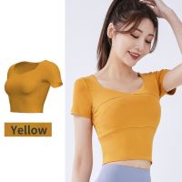 Yoga Shirts with Bra Pads Padding Sports Quick Drying Running Jogging Slim  Fitness Short Sleeves T-shirt for Women Sport Top Womens Short Breathable Fitness Yoga Shirts