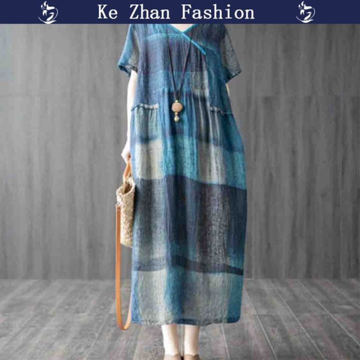 ke-zhan-ชุดเดรสยาวผ้าลินินผ้าฝ้ายผู้หญิง-ชุดเดรสสั้นแขนกุดเสื้อพิมพ์ลายสก๊อตพิมพ์ลายเดรสชุดสีดำชุดแบบหลวมยาวพลิ้วไหว