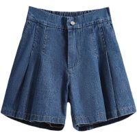 【มีไซส์ใหญ่】Plus Size M-5XL Womens Elastic Waist Summer Shorts Solid Color Wide Leg Denim Shorts knb