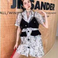 (black) Black-white Dress(flower)  น้อนเดรสปกสูทลายดอกไม้โทนขาว-ดำ สุดคลาสสิค  ดีเทลปกสูทแขนสั้น กระดุมหน้าแกะได้จริง