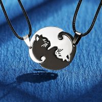 2 PieceCute Cat Stainless Steel Couple Necklace Black and White Kitten Hug Round Stitching Necklace for Women Friendship Jewelry