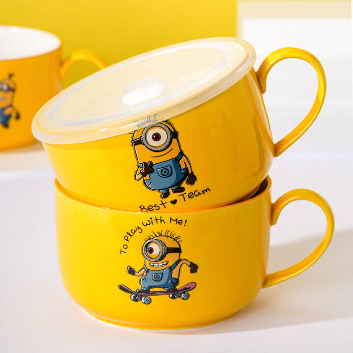 Minions Ceramic Instant Noodle Bowl with Lid for Dormitory Cute Student