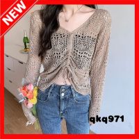 qkq971 Knitwear For Women Short Sweater Long Sleeve Mesh Drawstring Hollow V-Neck Thin Cardigan