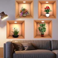 ►๑ New Creative Simulation Flower Green Plant Potted 3D Wall Stickers Living Room Study Office Waterproof Decorative Home Stickers