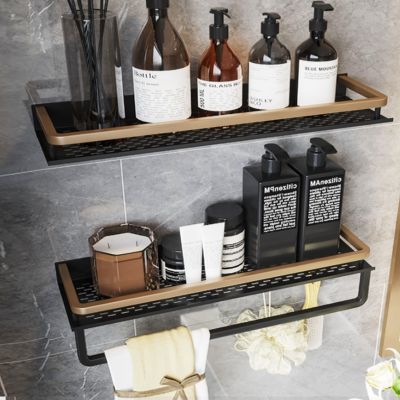 ๑۞✽ YUNJIEYA Black Gold Shelf Bathroom corner Rack no drill Shampoo Toilet Shelves Hanger Kitchen Storage Organizers Accessories