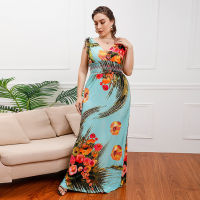 Hot Sale Bohemian Ice Silk Print Mid-Length Dress Seaside Holiday Beach Dress Large Size V-Neck Dress