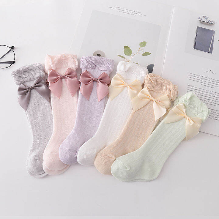 hotssocks-อุปกรณ์เสริมสำหรับเด็กทารกแรกเกิดเข่าถุงเท้าสูงเด็กต้นขาใหญ่สูงสีขาวน่ารักสาวถุงเท้าผ้าฝ้ายถุงเท้ายาวกว่า-bow