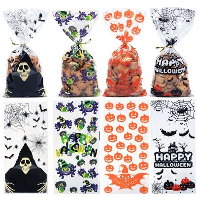 50pcs Clear Cellophane Packing Bag Halloween Party Decor Trick or Treat Bags Bat Witch Spider Printed Plastic Candy Gift Bags