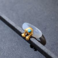 [COD] white agate ring female chalcedony with silver inlaid turquoise Ruyi bell hand national