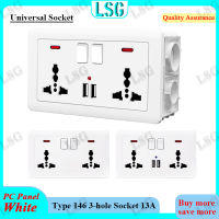 LSG เต้ารับปลั๊กไฟ เต้ารับอเนกประสงค์พร้อมสวิตช์ไฟ LED 146 ซ็อกเก็ตประเภท คู่ 3 รูซ็อกเก็ตพีซีสีขาว 13A 250V ซ็อกเก็ตเต้ารับไฟฟ้ามาตรฐานสากลพร้อมพอร์ต USB, เต้ารับ USB คู่ 2.1A ปลั๊กไฟ ผนัง