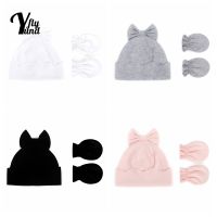 Childrens Solid Color Knitting Cotton Hats and Gloves Two Piece Set Soft Comfortable Warm Bows Caps Baby Headwear Birthday Gift