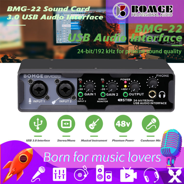 for　Audio　USB　bit/192　Pro　Lazada　Recording　Card　power　(24　Sound　condenser　phantom　Direct　Interface　BMG22　function　Broadcasting/Livestreaming　kHz)　Monitoring/Loopback　48V　microphone,　for　with　BOMGE　2i2