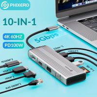 PHIXERO USB HUB 4K HDMI Adapter 10 in 1 USB C to RJ45 USB 3.0 PD 100W Dock for MacBook Pro Air USB-C Type C 3.1 Splitter USB C