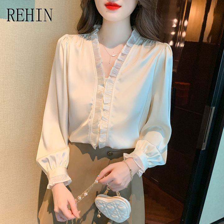 rehin-เสื้อสไตล์เกาหลีแบบใหม่คอวีสำหรับผู้หญิง-เสื้อแขนยาวคอวีมีหูไม้ผ้าชีฟอง