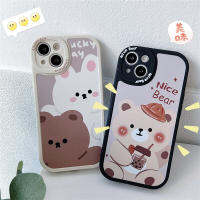 เคสนิ่มหนังสำหรับ IPhone 6 7 8 Plus XR XS Max เคส11 12 13 14 15 Pro Max 14 15 Plus หมวกฝาครอบด้านหลังชานมหมีกระต่ายคู่เลนส์ป้องกันเคสโทรศัพท์กันกระแทก