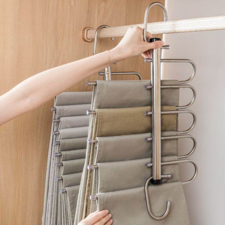 5-9layers-stainless-steel-pants-hangers-space-saving-clothes-rack-organizer-for-jeans-scarf-adjustable-non-slip-wardrobe-hanging-clothes-hangers-pegs