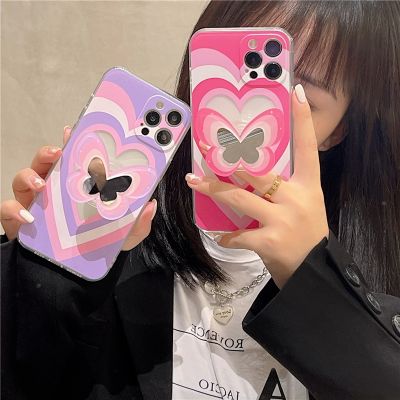 「16- digits」เกาหลี Gradient Love Heart ผีเสื้อกระจกวงเล็บ Clear Soft Case สำหรับ IPhone 7 8 Puls X XR XS 11 12 13 Pro Max ปกหลังน่ารัก