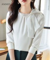 AMMIN เสื้อเสื้อชีฟองสีขาวผู้หญิงแขนสไตล์เกาหลียาว,เสื้อหลวมอเนกประสงค์ผูกคอเก๋ไก๋