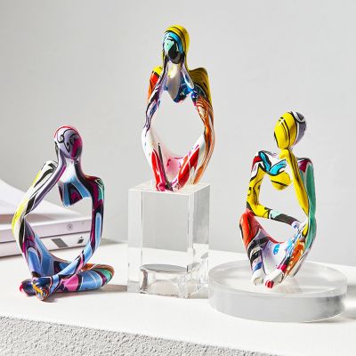 Nordic Colorful Graffiti Sculpture Art Creative Artwork Thinker Statue Abstract Figurine Home Desktop Handmade Crafts Decoration