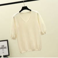 Plus Size Womens Blouse New Ice Silk Knitted V-neck Loose Short-sleeved Solid Color Top