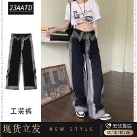 ◐ American Style Retro Gradient Overalls Straight Jeans Womens Summer 2023 New Design Sense Loose Wide Leg Pants