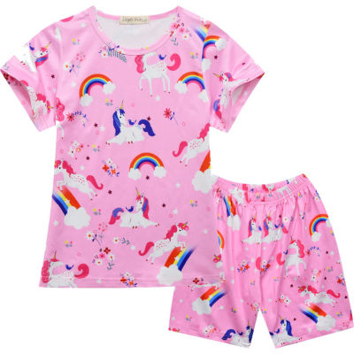 {Sweet Baby} ชุดนอนเด็กชุดนอนสั้นลายการ์ตูนชุดนอนเด็กผู้หญิงชุดลำลองชุดนอนยูนิคอร์นสีชมพูสำหรับเด็กอายุ 3-8 ปี