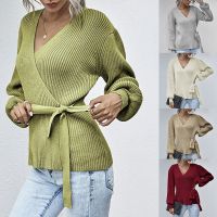 Elegant Women Sexy Tie Belt Pullover Sweater V-Neck Wrap Sweater Autumn and Winter