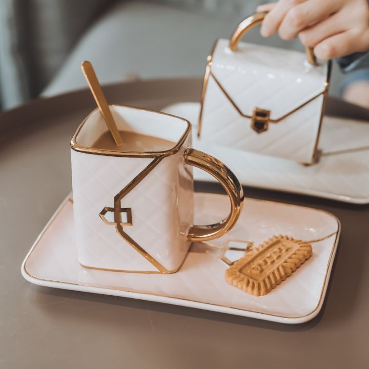 Handbag-Shaped Creative Ceramic Mug With Porcelain Tray & Spoon