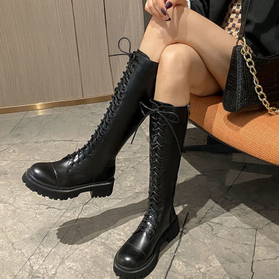 2022ฤดูใบไม้ผลิเข่าสูงรองเท้าบูทผู้หญิงสีดำ PU หนัง Combat Boots Comfort Long Tube ผู้หญิงหนา-Soled รองเท้า Botas De Mujer รองเท้า