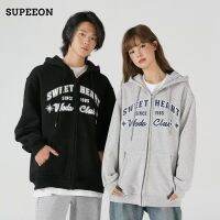 SUPEEON丨เสื้อสเวตเชิ้ตมีซิปเสื้อคาร์ดิแกนมีฮู้ดตัวอักษรสไตล์มหาลัยอเมริกาแบบย้อนยุคผู้ชายเสื้อคู่